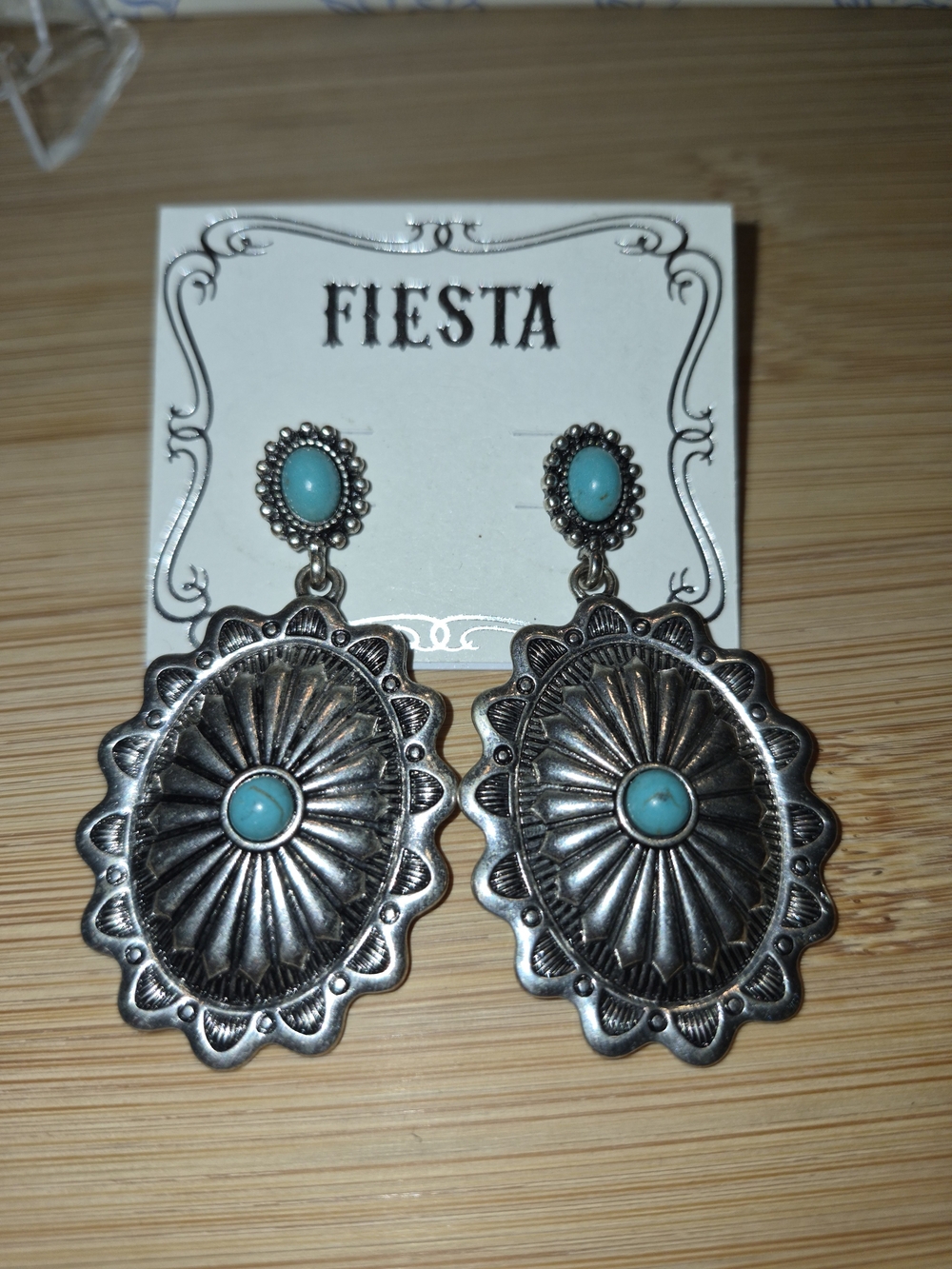 Fiesta Turquoise and Silver Oval Concho Dangle Earrings